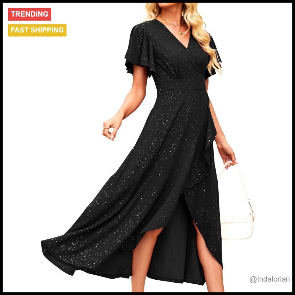 Elegant V-Neck Formal Gown with Ruffle Sleeves Split Hem Evening Party Dress